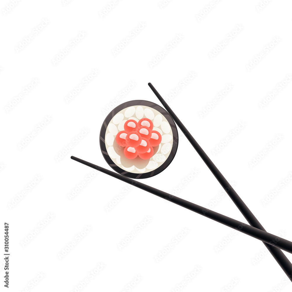 Chopsticks with sushi roll. Sushi piece with chopsticks vector web icon isolated on white background, EPS 10, top view