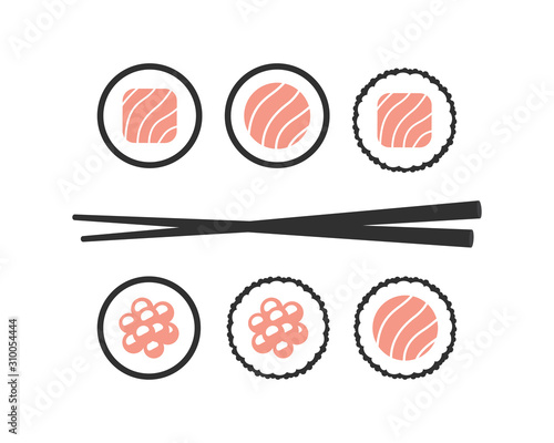 Chopsticks with sushi roll. Sushi piece with chopsticks vector web icon isolated on white background, EPS 10, top view