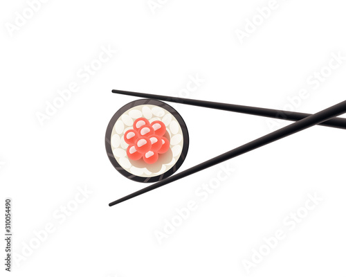 Chopsticks with sushi roll. Sushi piece with chopsticks vector web icon isolated on white background, EPS 10, top view
