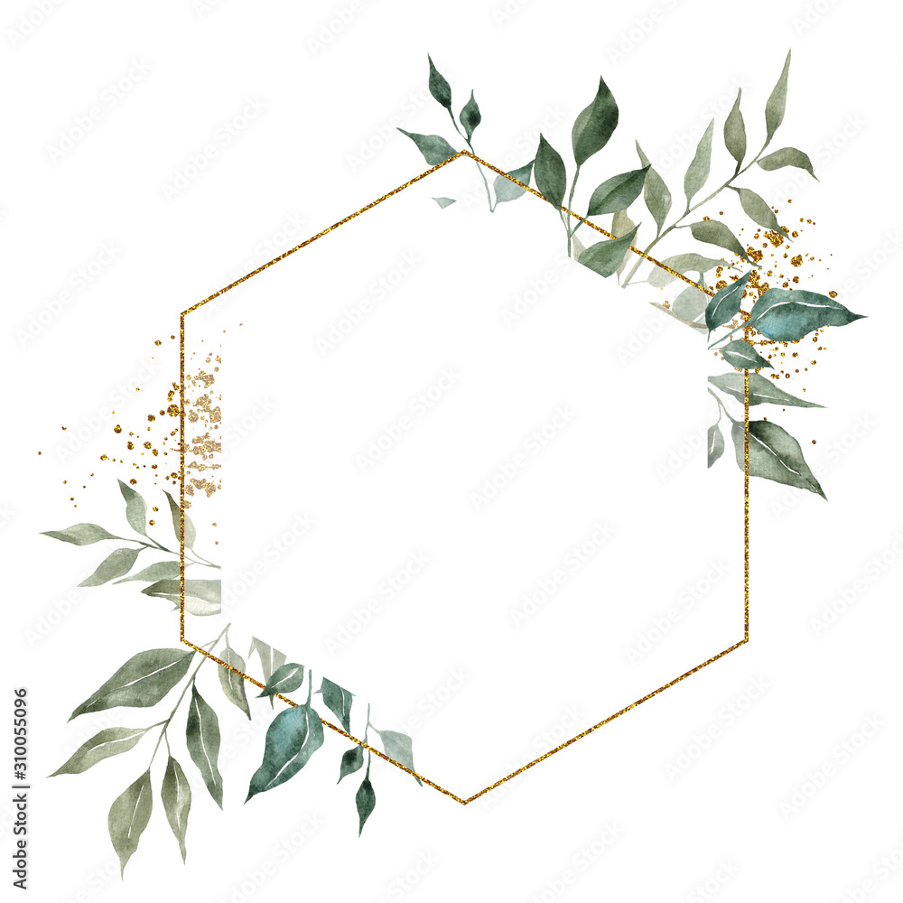 Geometry golden frames with watercolor hand draw branches of green ...