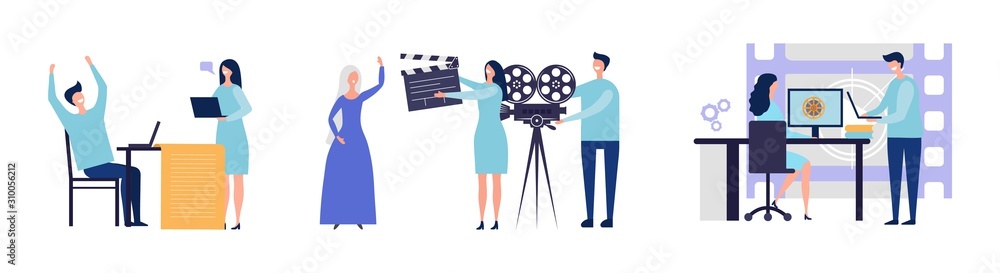 Movie production concept. Flat male female characters making film. Script, filming, post-production vector illustration. Movie and film, production cinema and making Movie production concept. Flat male female characters making film. Script, filming, post-production vector illustration. Movie and film, production cinema and making