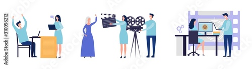 Movie production concept. Flat male female characters making film. Script, filming, post-production vector illustration. Movie and film, production cinema and making