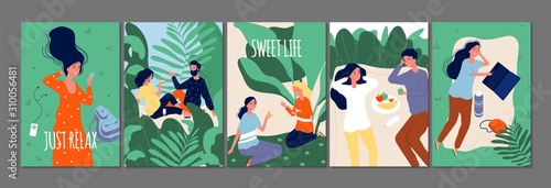 Relax time cards. Happy people relaxing on nature. Flat vector couples in love singles with food drinks gadgets illustration. Couple happy romantic and recreation