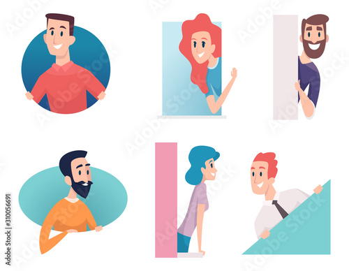 People peeking out. Man woman kids in framework look and standing balcony in house vector characters. Balcony woman and man, character female and male illustration
