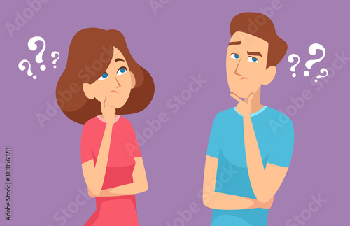 Thinking couple. Male and female characters expression standing and have a question face brainstorming emotions concept human thinks vector. Illustration female and male question expression