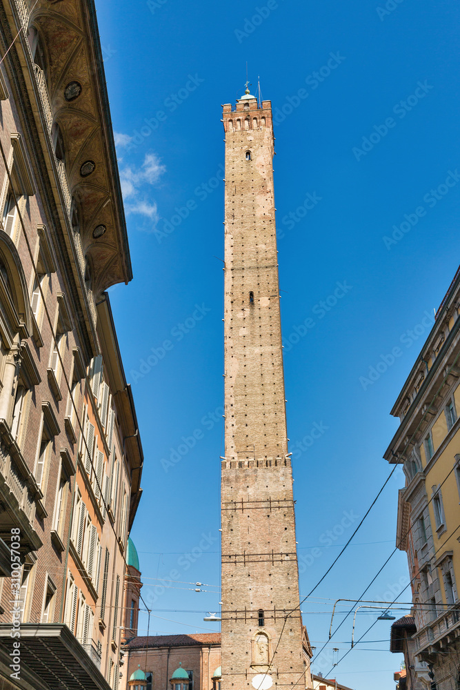 Asinelli tower in city historic center of Bologna, Italy.