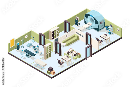 Clinic interior. Hospital office modern waiting rooms inside buildings room with furniture vector isometric. Illustration medical inside hospital interior 3d