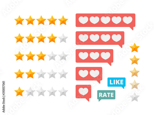 Rating stars. Social assessment scores likes hearts vector symbols. Illustration rating star and review vote