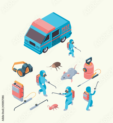 Pest examination. Insects dezinfection service chemical poison for pest control rodents extermination vector isometric set. Control service pest, disinfection professional illustration