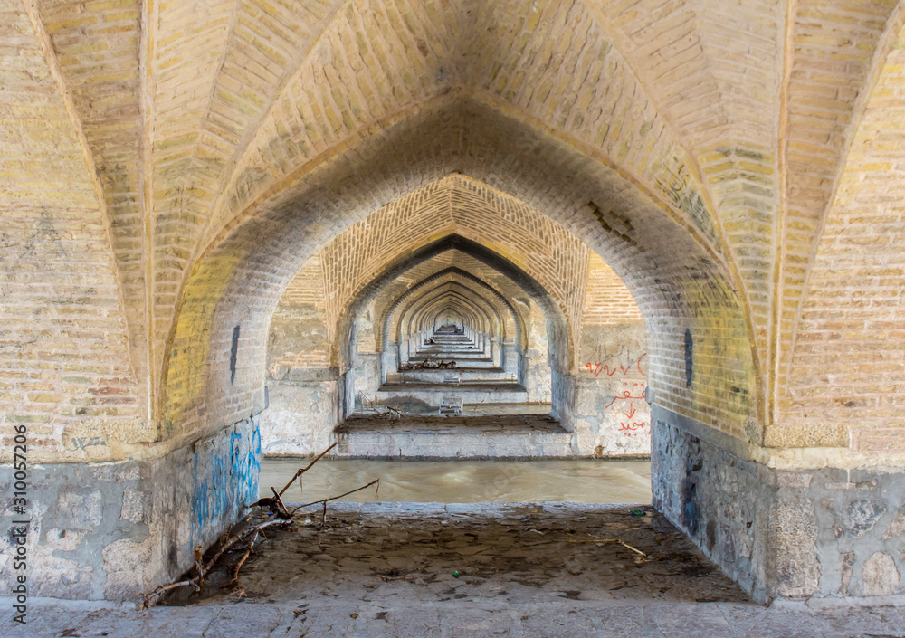 Isfahan, Iran - 2 February 2019: Si-o-seh pol Bridge. Also known as Allahverdi Khan and Allahverdi Khan or 33 arched bridge over the Zayandeh river.