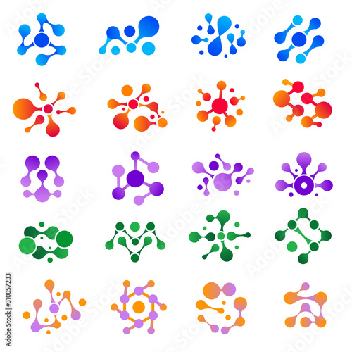 Molecular explosion. Round shapes water ink drops scientific logo medical genetic biology models vector set. Illustration dna and structure chemistry molecule pattern