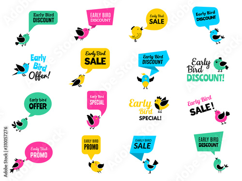 Early birds badges. Advertizing discount labels special business offers vector birds set. Illustration early bird discount offer, business promotion