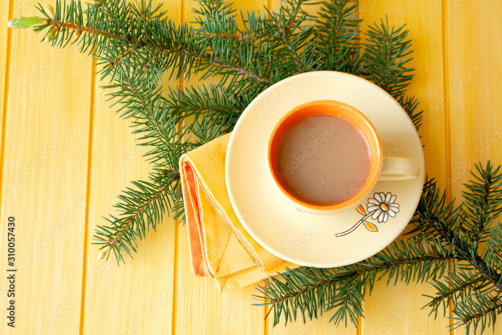 Orange cup of hot cocoa with pine branch, bright image in yellow and orange, flat lay Orange cup of hot cocoa with pine branch, bright image in yellow and orange, flat lay