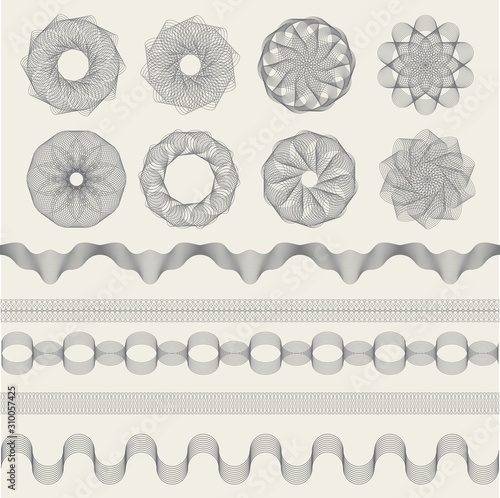 Guilloche graphics. Vintage engraving waves for coupons money banknotes or certificate signs vector collection shapes. Certificate wave graphic watermark, decorative pattern illustration