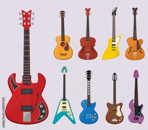 Musical guitar. Live concert instruments sound plays various objects classical guitars vector illustrations. Instrument electric and acoustic guitar, musical sound