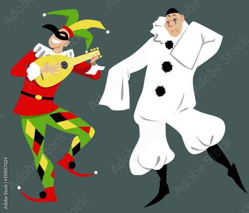 Harlequin and Pierrot of Commedia dell'arte characters, EPS 8 vector illustration photo