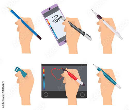 Hands holding pen. Writing items pens markers tools for writers vector cartoon set. Pen drawing tablet, pencil draw illustration