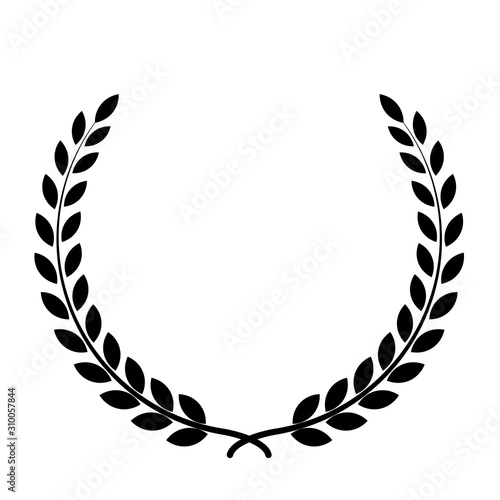 Black silhouette circular laurel foliate, wheat and oak wreaths depicting an award, achievement, heraldry, nobility on white background. Emblem floral greek branch flat style - stock vector.