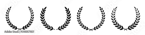 Photographie Set black silhouette circular laurel foliate, wheat and oak wreaths depicting an award, achievement, heraldry, nobility on white background