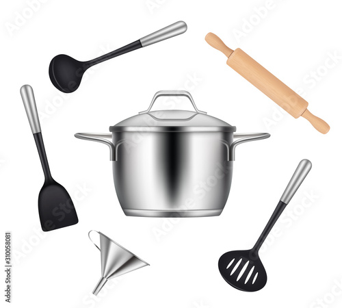 Kitchen objects. Realistic items for cooking food griddles pans knives forks ladles vector utensils. Kitchen utensil realistic stainless for cooking illustration