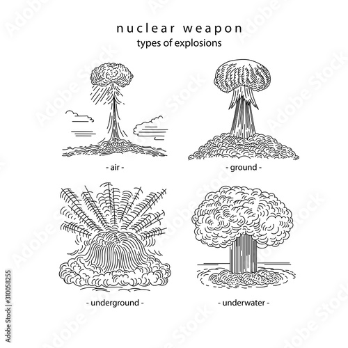 Nuclear weapon, types of explosions. Outline graphic silhouette isolated on white background. Stock vector illustration. Concept of science disaster of bombs in vintage style. Hand drawn set