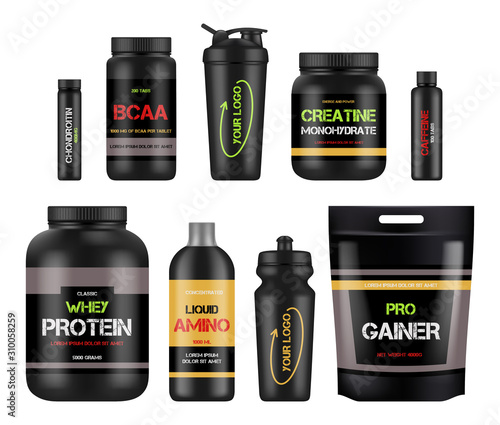 Sport nutrition labels. Protein and amino bcaa fitness vitamin design packages for healthy powerful products vector. Illustration bcaa and protein nutrition, supplement to fitness and sport photo
