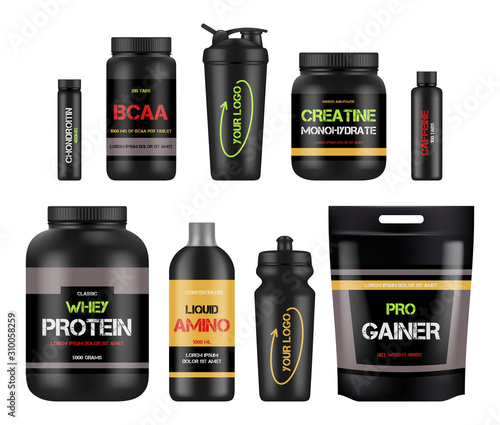 Sport nutrition labels. Protein and amino bcaa fitness vitamin design packages for healthy powerful products vector. Illustration bcaa and protein nutrition, supplement to fitness and sport