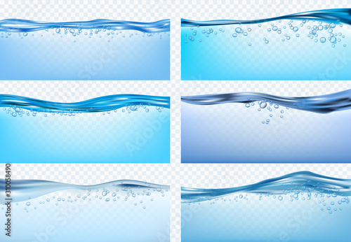Water waves. Blue flowing realistic waves splashes fresh liquid products drinks raindrops vector. Wave blue liquid sea, transparent freshwater illustration