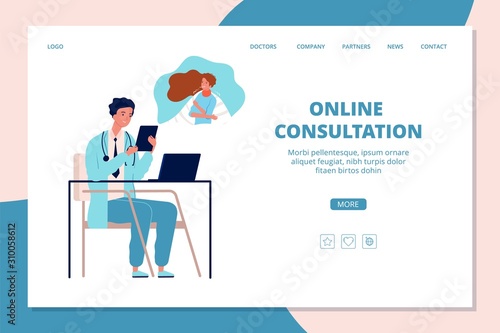 Online doctor landing page. Internet treatment, medicine help vector web banner. Medical help online, hospital doctor web page illustration © ONYXprj
