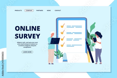 Online survey landing page. Choice list, quality questionnaire. People answering question, business internet marketing vector web banner. Illustration research and feedback, check list survey