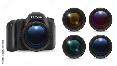 Realistic photo camera. 3D lenses isolated on white background. Photographic equipment vector set. Realistic camera lens, professional digital photography illustration