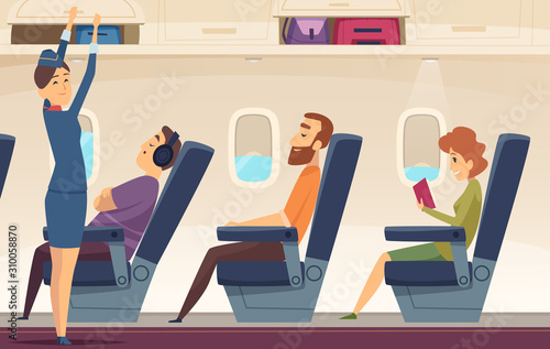 Passengers airplane. Stewardess avia service tourism aviation vector cartoon background. Stewardess and flight service airplane illustration