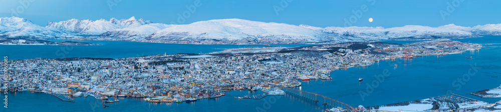 Panoramic view on Tromso, Norway, Aerial View  Of Tromso At Full Moon In Winter Time, Christmas in Tromso, Norway