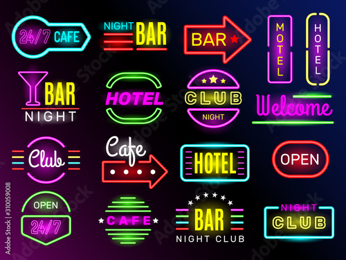 Neon glow hotel. Night advertising retro signboards new york or vegas style vintage frames club banners vector. Light night motel billboard, neon signboard hotel illustration