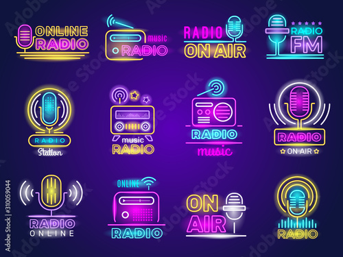 Radio neon. Broadcasting glow effect colored logo music show studio emblem live transmission vector. Radio light on air emblem or glowing signboard illustration