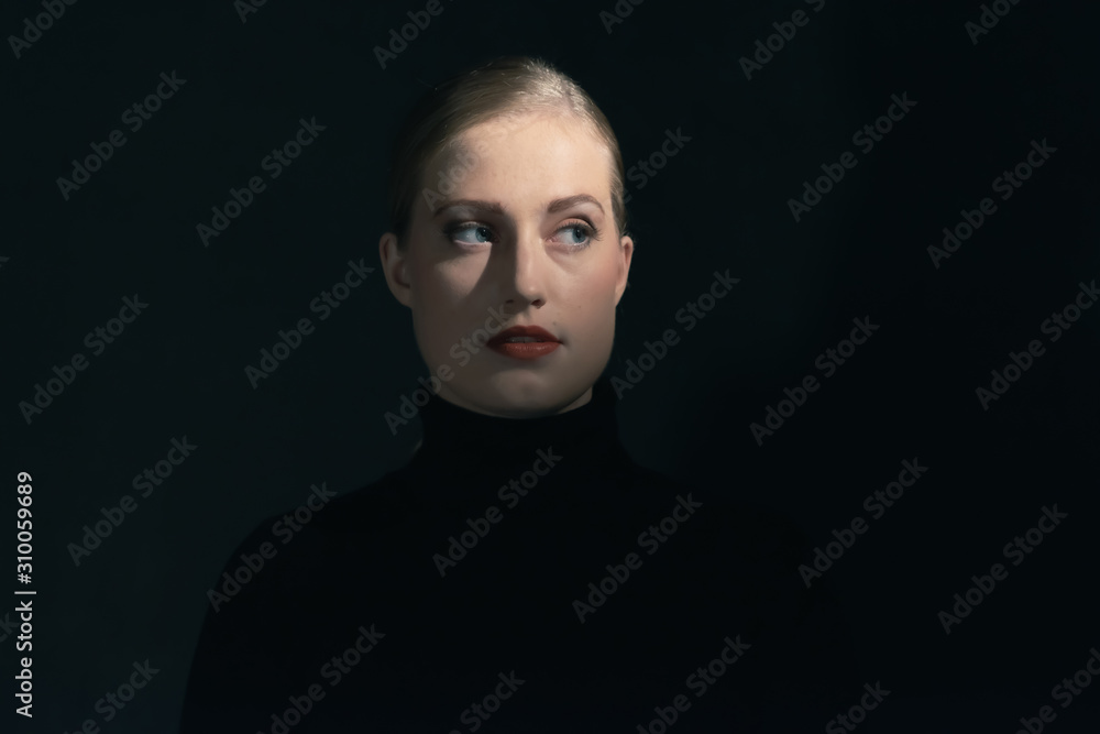Retro 1940s woman in black turtleneck sweater. Retro 1940s woman in black turtleneck sweater.