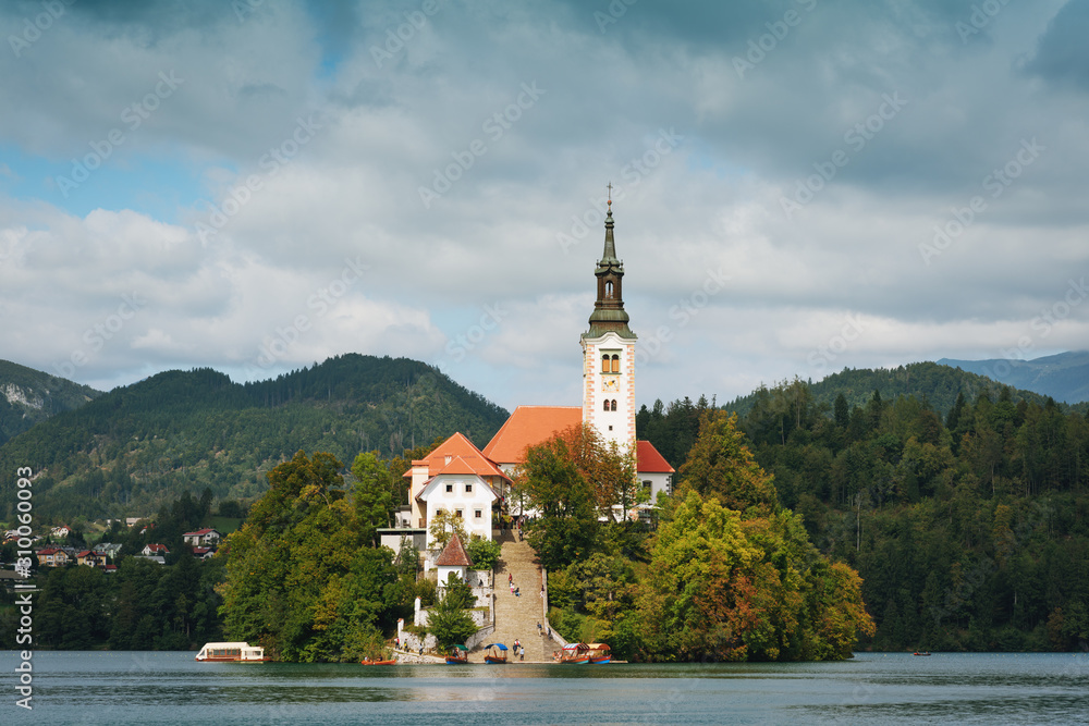 Bled Island with the church, recognizable symbol of the lake Bled (Blejsko jezero) in the Julian Alps of Slovenia