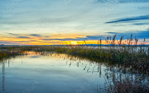 Sunset in the calm waters of the Albufera de Valencia  Spain.