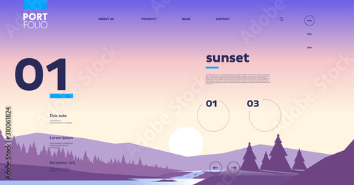 Vector image of sunset, mountains, clean, minimalistic background, wallpaper on the desktop and mobile screen, interface template