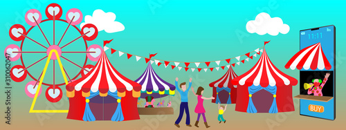 The cartoon template illustration background picture of  the carnival amusement park with tent, shop and smart phone ticket booth.