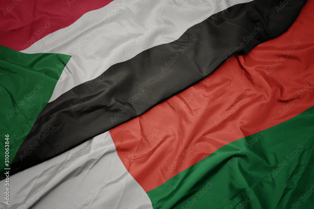 waving colorful flag of madagascar and national flag of sudan.