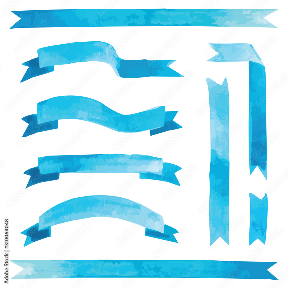 Watercolor style vector illustration of blue ribbon set for wedding celebration invitation card