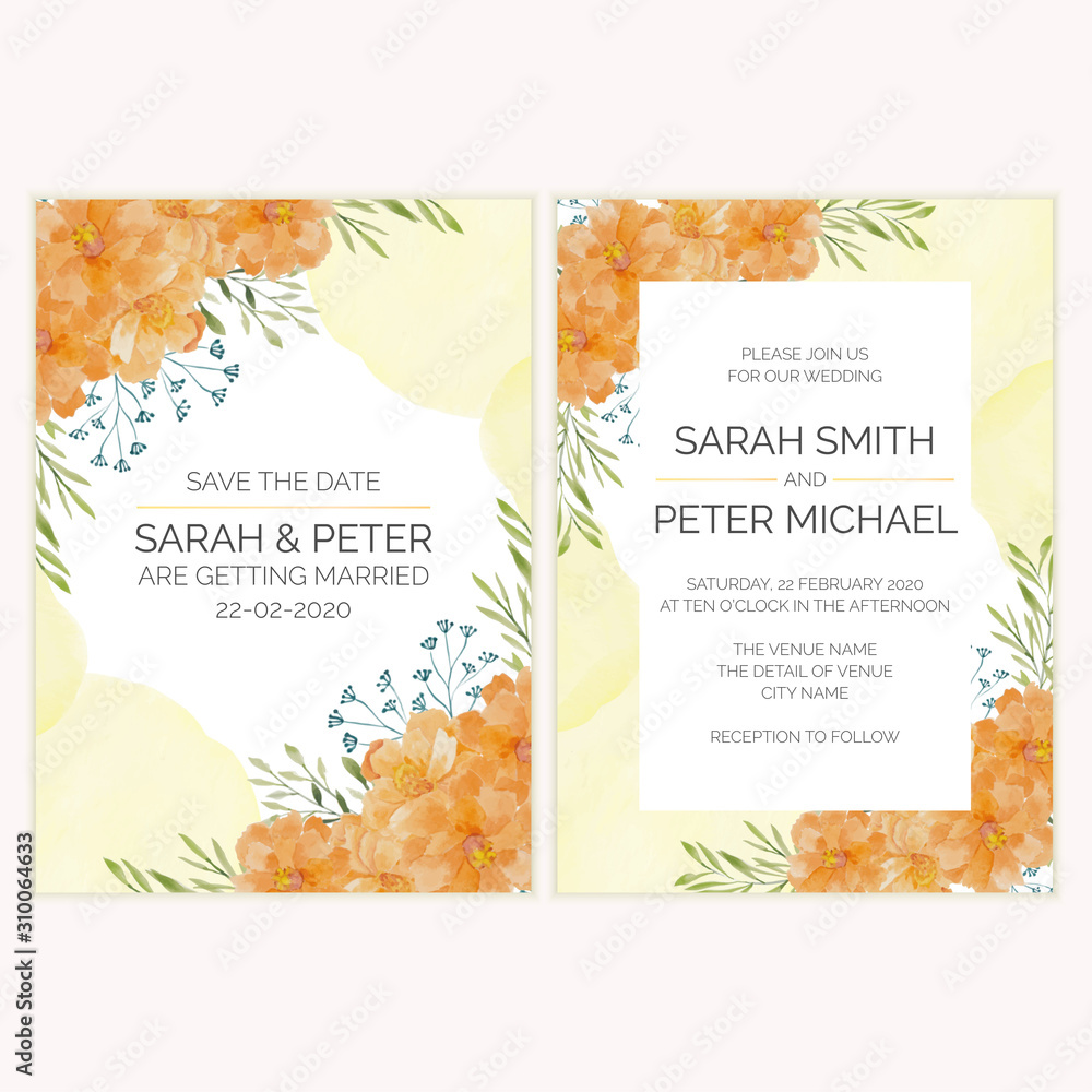 Fototapeta Wedding invitation card with gold flower watercolor illustration