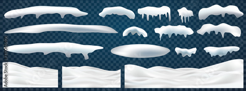 Set of snow caps, pile, icicles, ice, snowball and snowdrift isolated on transparent background. 3d Winter decorations, Christmas, snow texture, white elements, holiday design - vector