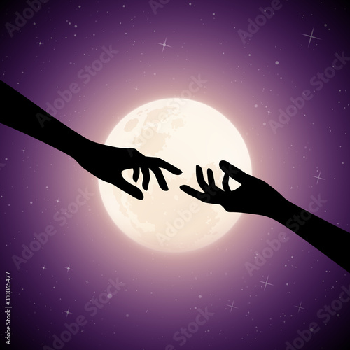 Reaching hands on moonlit night. Romantic vector illustration with hand gesture silhouette on starry background. Full moon in starry sky