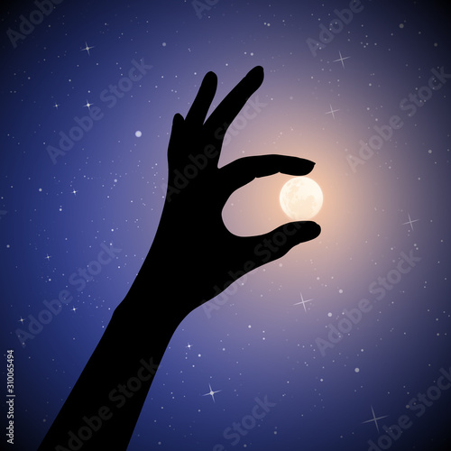 Hand holding Moon on starry background. Vector illustration with hand gesture silhouette and Earth satellite on moonlit night. Full moon in starry sky