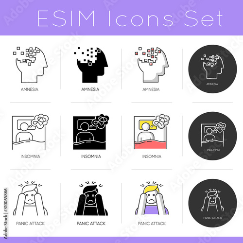 Mental disorder icons set. Amnesia and memory loss. Insomnia and sleep deprivation. Panic attack. Psychology and psychiatry. Flat design, linear, black and color styles. Isolated vector illustrations