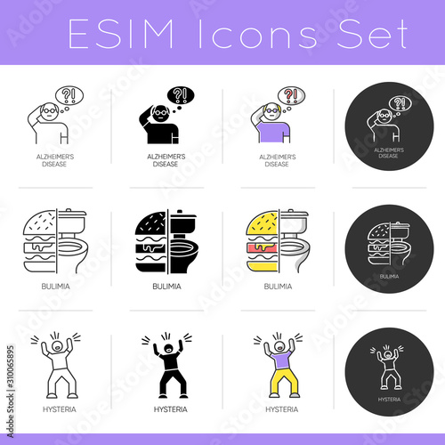 Mental disorder icons set. Alzheimeir's disease. Bulimia and binge eating. Hysteria. Psychology and psychiatry. Flat design, linear, black and color styles. Isolated vector illustrations