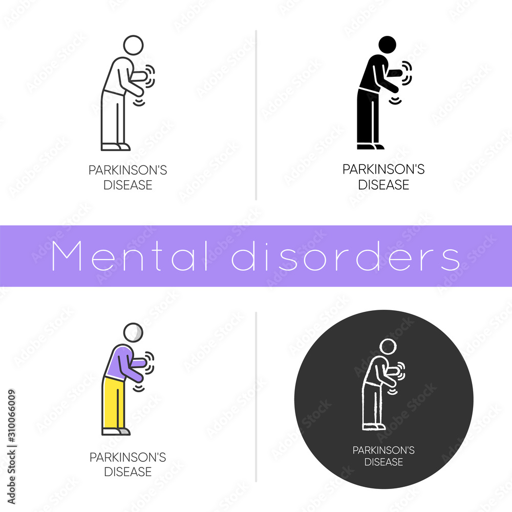 Parkinson's disease icon. Movement and walking difficulty. Shaking and rigidity. Parkinsonian syndrome. Mental health issue. Flat design, linear and color styles. Isolated vector illustrations Parkinson's disease icon. Movement and walking difficulty. Shaking and rigidity. Parkinsonian syndrome. Mental health issue. Flat design, linear and color styles. Isolated vector illustrations