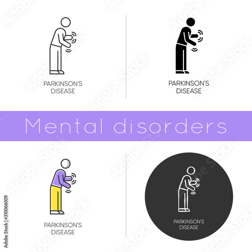 Parkinson's disease icon. Movement and walking difficulty. Shaking and rigidity. Parkinsonian syndrome. Mental health issue. Flat design, linear and color styles. Isolated vector illustrations